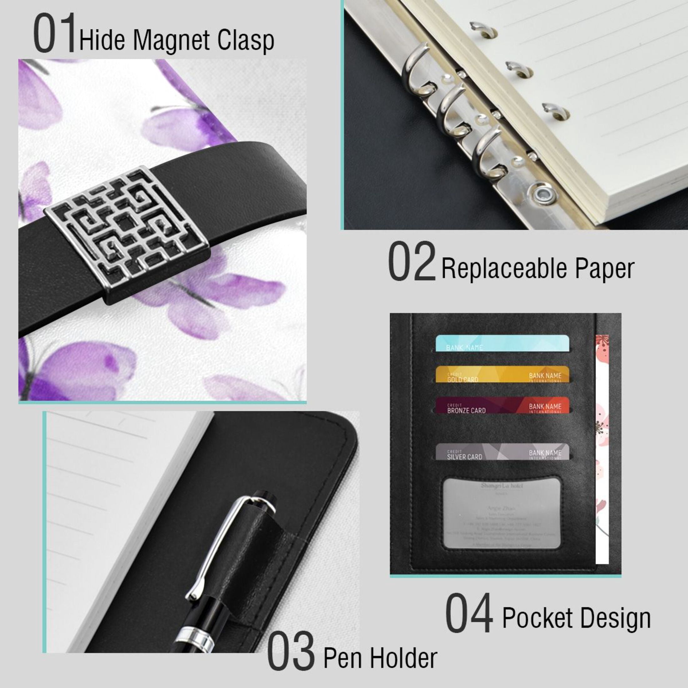 Leather Planner Leather Notebook Notebook Journal Binder Design Pen Pocket Design Convenient for Storage Watercolor Purple Butterfly Illustration
