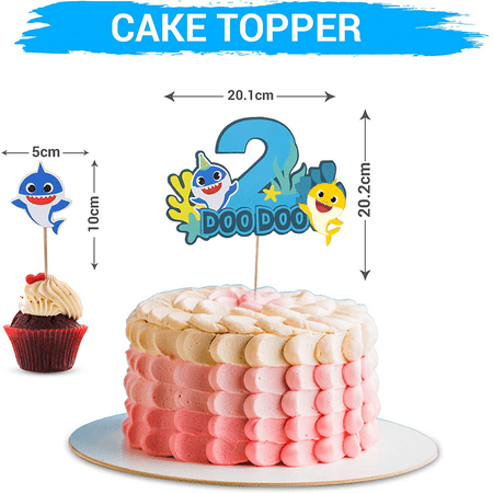 Baby Shark 2nd Birthday Decorations for Boy, Baby Shark Party Supplies Two Two Balloons, Cake Topper, Cupcake Toppers