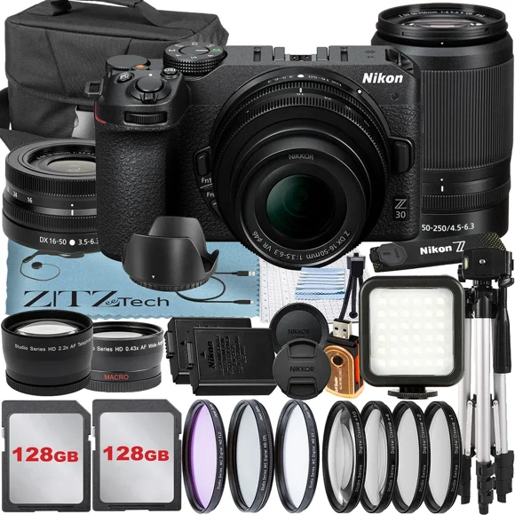 Nikon Z30 Appareil Photo Sans Miroir avec Objectif Zoom NIKKOR 16-50mm + DX 50-250mm + Lot de 2 Cartes SanDisk 128 Go + Étui + Téléobjectif + Trépied + Ensemble d'Accessoires ZeeTech