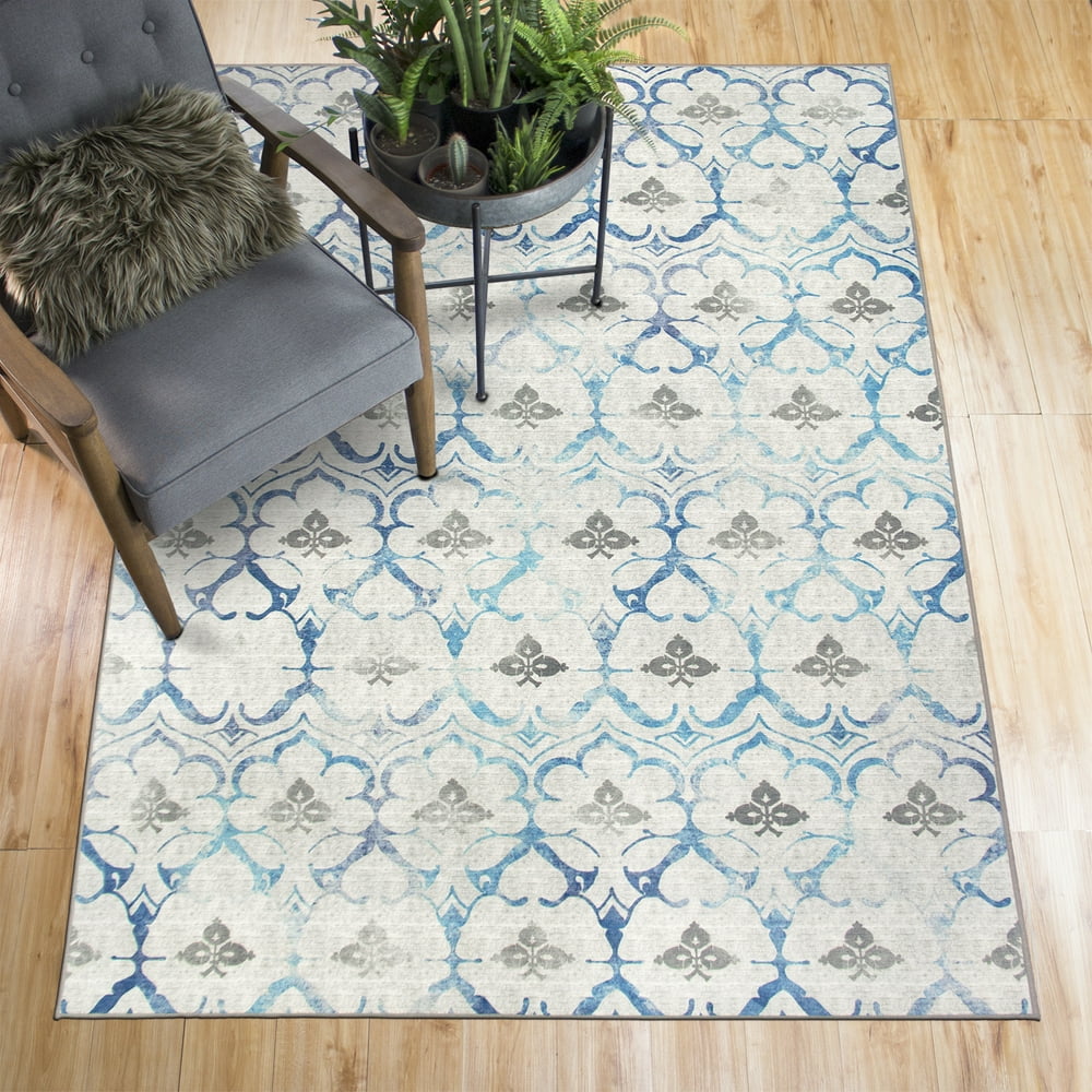 My Magic Carpet Machine Washable Area Rug Leilani Damask Beige Blue 5X7