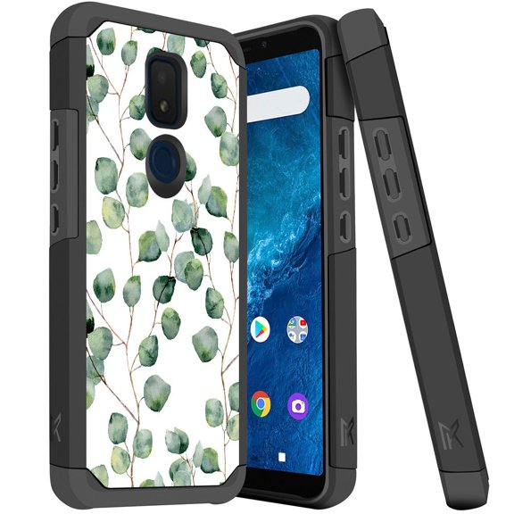 ANJ  Dual Layer Shockproof Hybrid Case   [Tempered Glass] Cover for Cricket Icon 3, Splendor, AT&T Motivate 2 - Green Plants