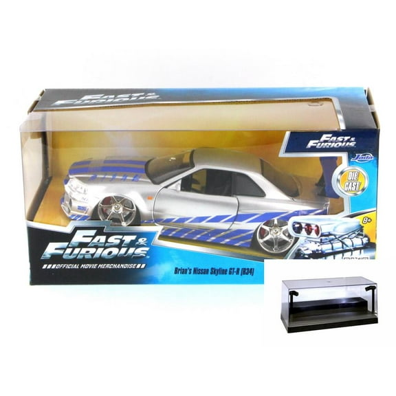 Diecast Car w/LED Display Case - Fast & Furious Brian's Nissan Skyline GT-R, Candy Silver - Jada Toys 97158 - 1/24 Scale Diecast Model Toy Car