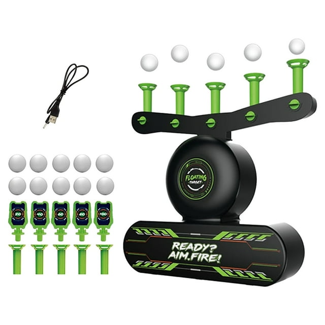Jindong Floating Target Game Floating Ball Shooting Game Hover Shooting Floating Target featuring a black and green electronic target rack with five adjustable floating ball holders, ten foam balls, five knockdown targets, and a USB power cable. The target rack includes luminous night light functionality for enhanced nighttime play. Designed for use with soft bullet toy guns, water bead blast guns, and BB guns, this game promotes hand-eye coordination and shooting skills. Made from eco-friendly, non-toxic materials, it is suitable for children and ideal as a gift for birthdays or Christmas.