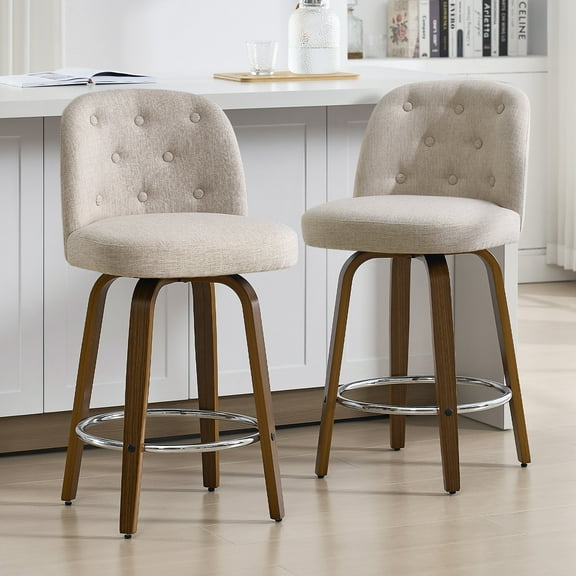 Foreate Swivel Bar Stools Set of 2, 26" Upholstered Linen Fabric with Button-tufted Mid-Back & Wood Legs, Modern Chair Kitchen Pub Island Counter Stool