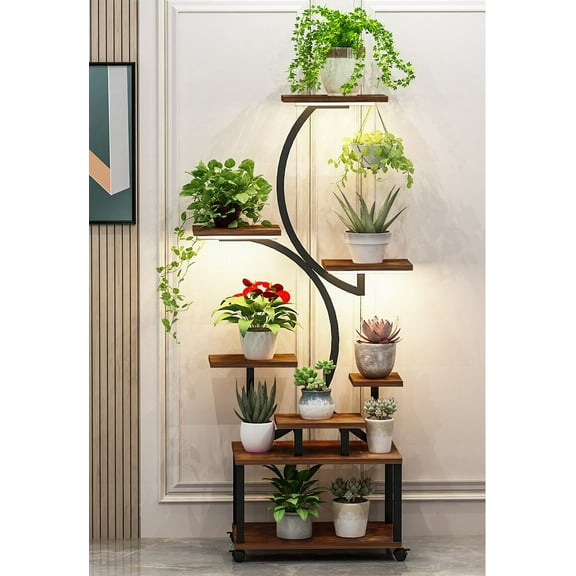 Display Shelves Plant Stand with Grow Lights, 8 Tiered Indoor Plant Shelf, 61" Tall Plant Stand for Indoor Plants Multiple, Metal Plant Flower Holder Stand, S-Shaped Plant Rack for Home, Patio ( BACK