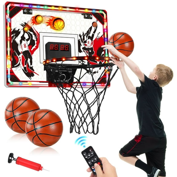 Quiet Flower Toy Basketball Hoop Over Door Indoor with LED Light, Scoreboard, 6 Modes, 3 Balls, 1-Pack
