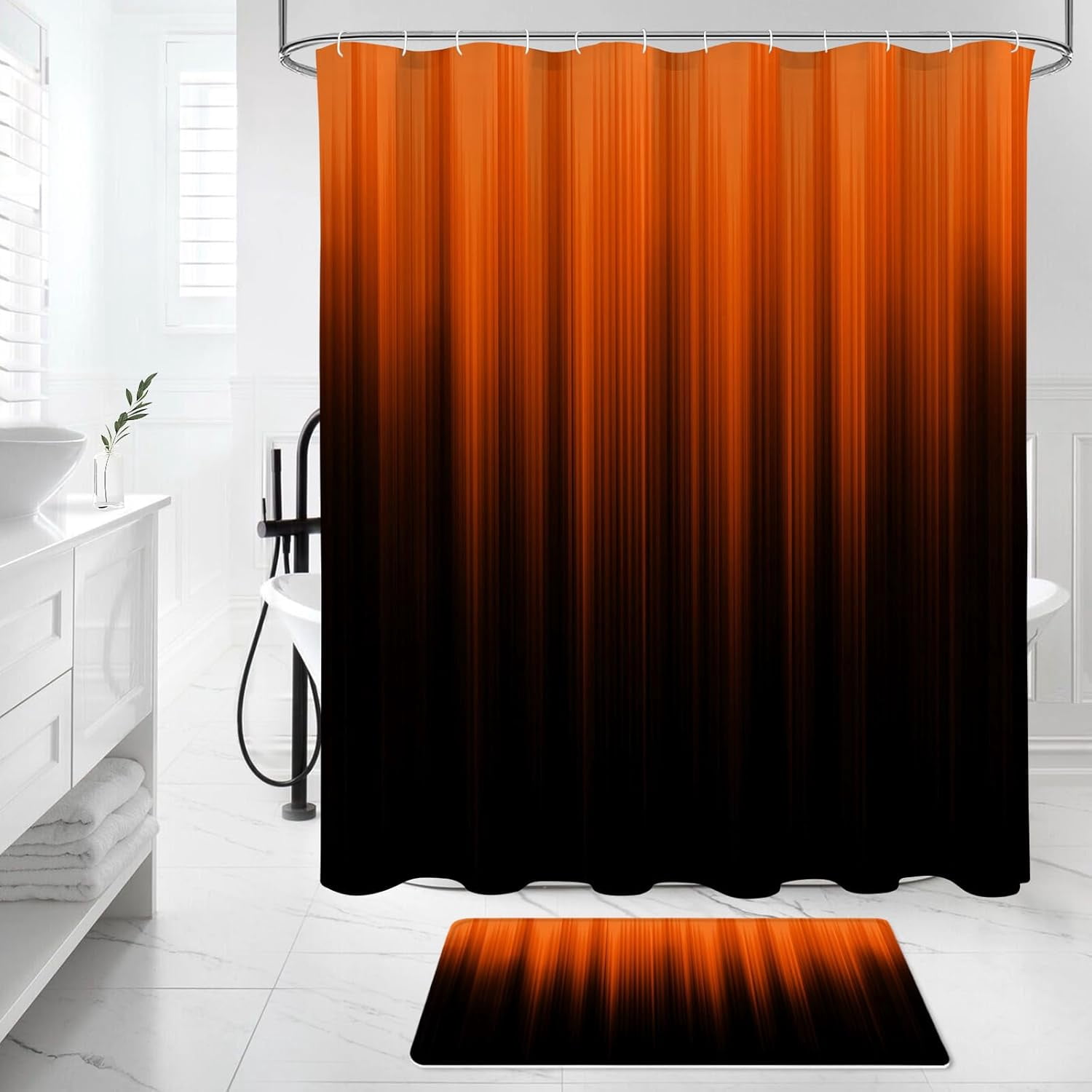 Red and Black Gradient Shower Curtain Set with Rugs and Toilet Lid Cover, Modern Simple Waterproof Fabric Bathroom Set, Ombre Stripe Gothic Abstract Bathroom Decor Set Accessories