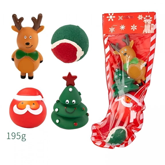 BESTSKY Christmas Dog Stocking Gifts Toys Set, 2/3/4 Pcs Xmas Dog Toys Chew Toys Assorted Santa Claus Reindeer Spherical Christmas Tree Candy Cane Shape Chewer Interactive Ball Gifts