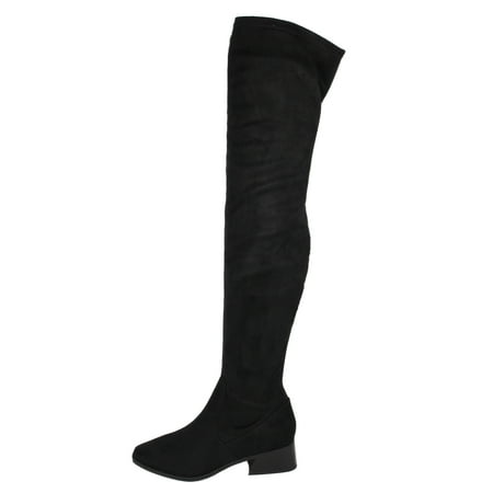 

Soda Women Over Knee Thigh High Boots Side Zipper Block Heels Pointed-Toe Back Elastic DEENA-H Suede Black 7.5