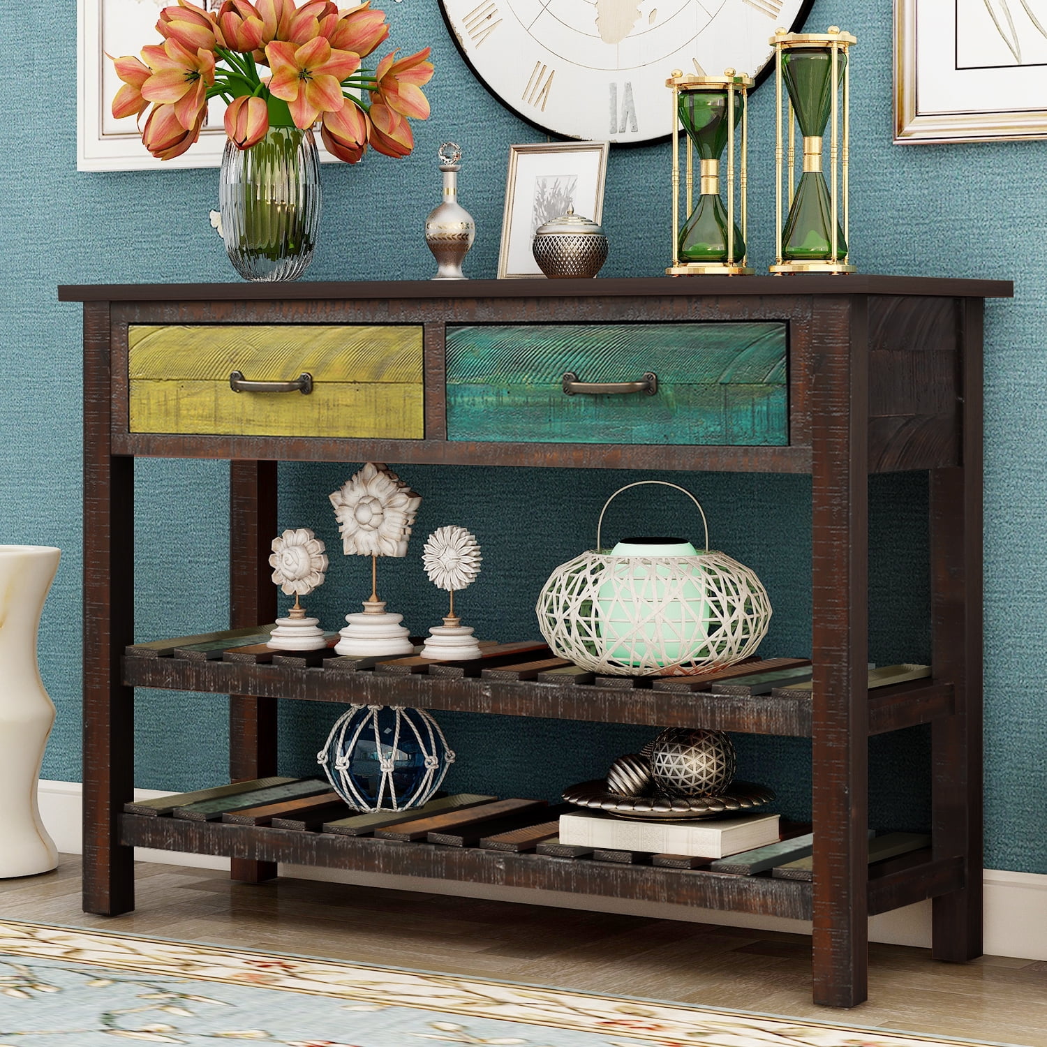 Details about   Console Table with 3-Tier Open Storage Spaces and X Legs Narrow Sofa Entry Table 