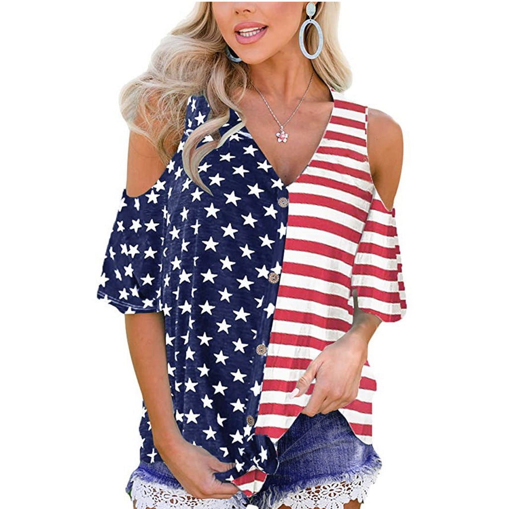 Dressin Plus Size Independence Day T-Shirt American US Flag Stripes Print Blouse Round Neck Cold Shoulder Tops for Women 