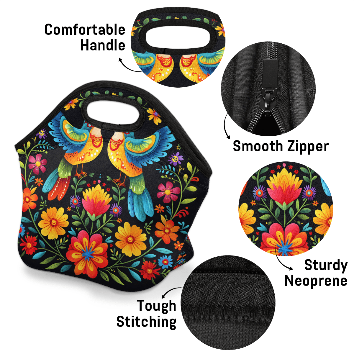 Herdesigns Boho Bird Neoprene Lunch Bag, Colorful Flower Insulated Lunch Box for Women Men Washable Lunch Tote Soft Lunch Container With Zipper for Work Picnic Travel