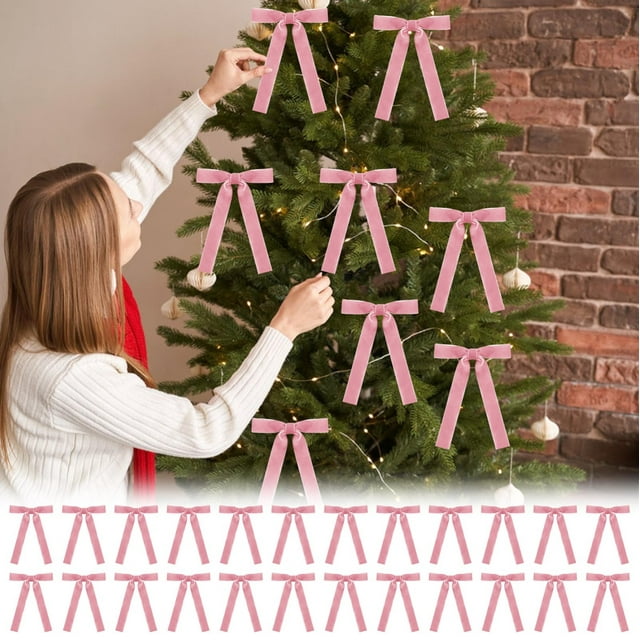 24Pc Velvet Christmas Tree Bows | Soft Luxurious Velvet Holiday Decorations | Easy Tie-On Wreath and Garland Embellishments | Multi-Purpose Christmas Decor Gift Set