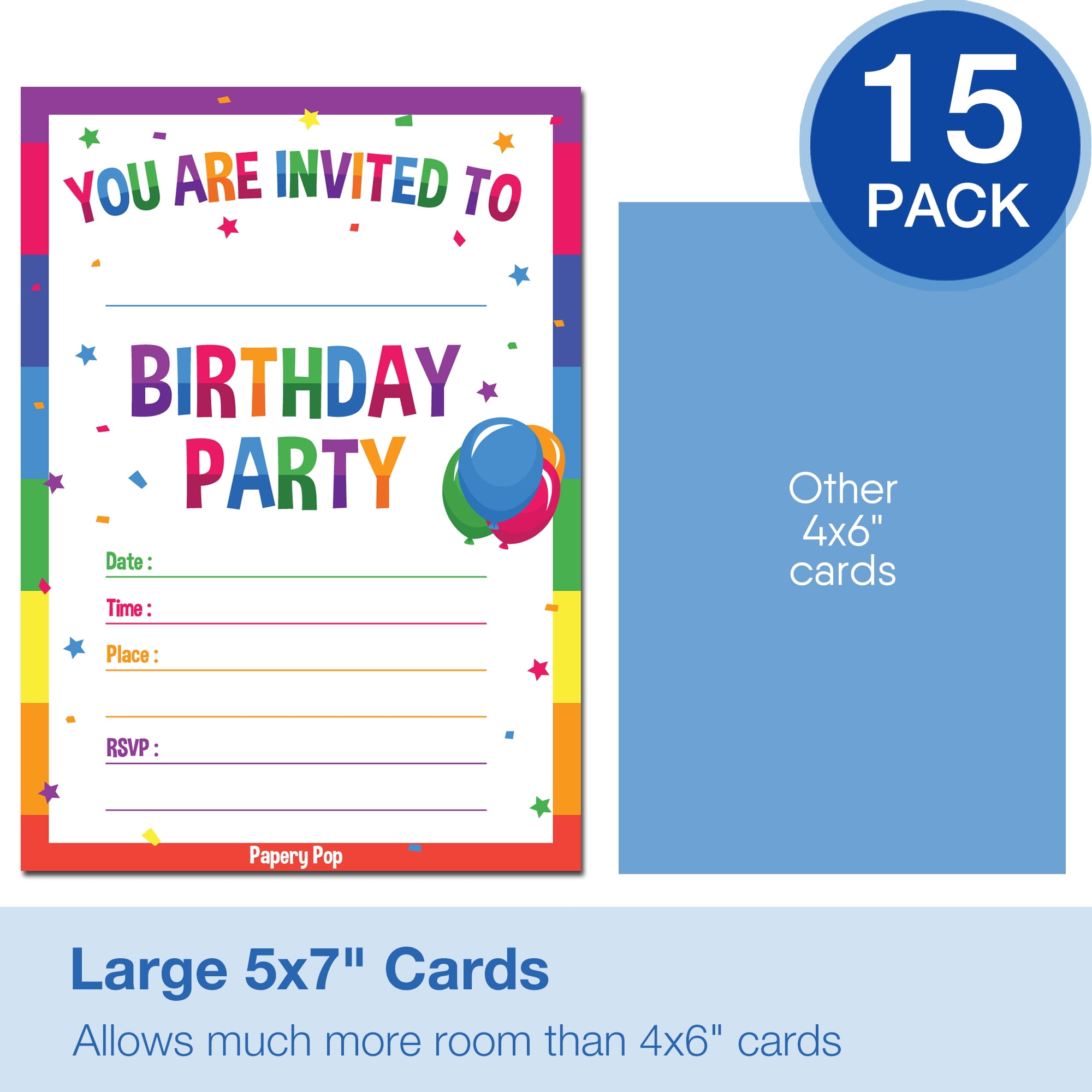 Birthday Invitations with Envelopes (15 Pack) - Rainbow