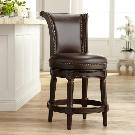 55 Downing Street Addison Walnut Swivel Bar Stool Brown 26" High Traditional Mocha Leather Cushion with Backrest Footrest for Kitchen Counter Height