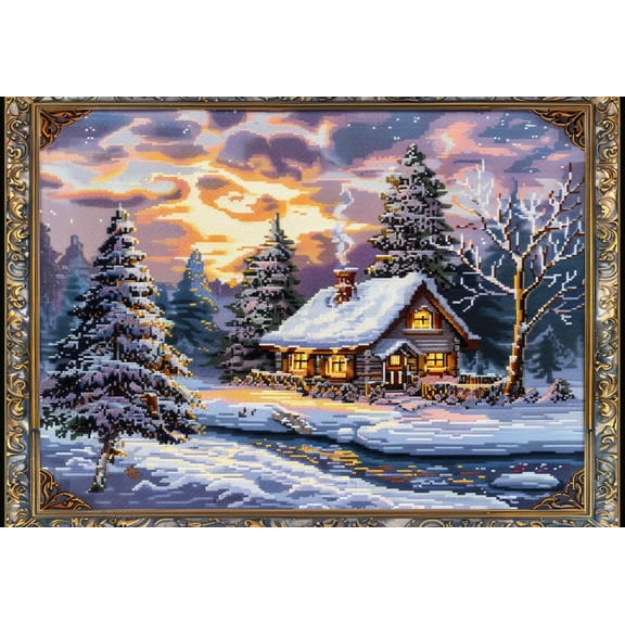Little House in Snow Sunset River DIY 11CT Stamped Cross Stitch Kits for Beginners Easy Needlepoint Embroidery Counted Cross Stitch Art Craft for Wall Decoration 12x16inch(3)