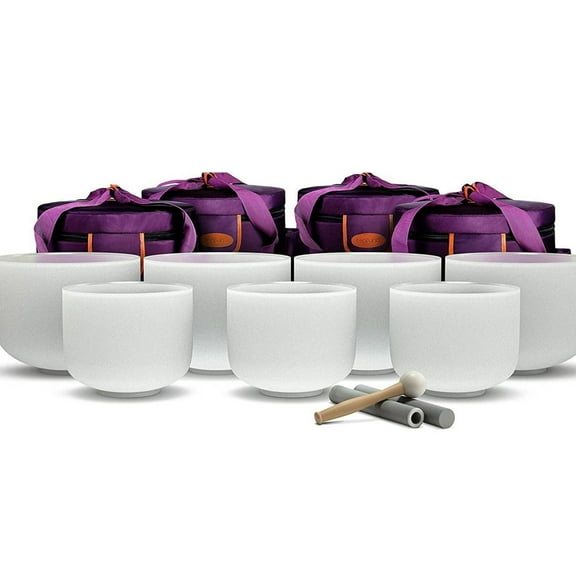 TOPFUND Chakra Set of 7 Crystal Singing Bowls 8-10 inch with Heavy duty carrying cases and Suede Sticks