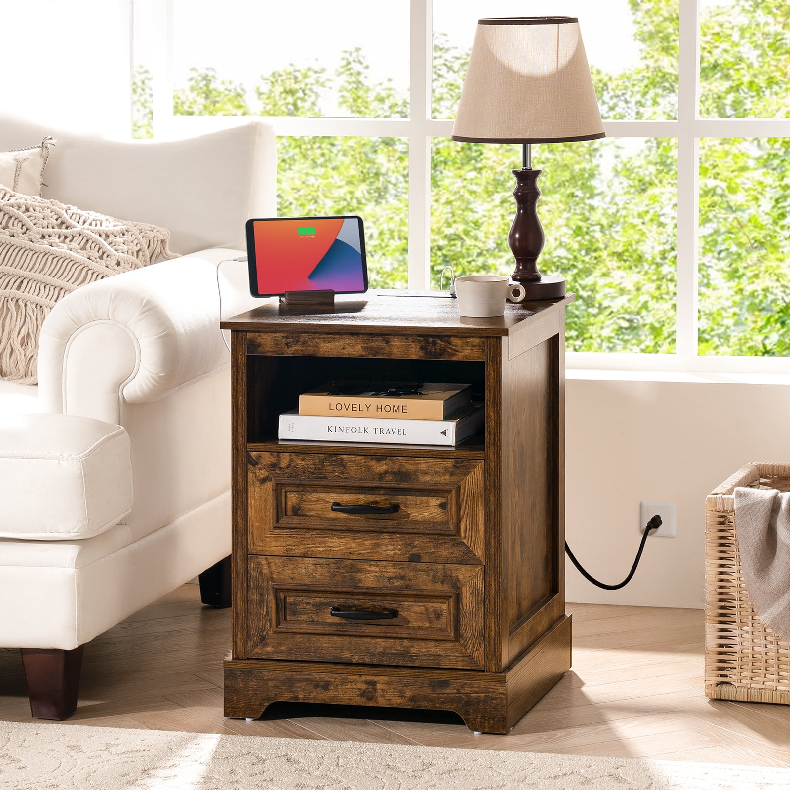 Farmhouse Side Table End Table with 2 Drawers, 18" Wood Nightstand with Charging Station & Storage Shelf, Night Stands for Bedroom Living Room,Brown