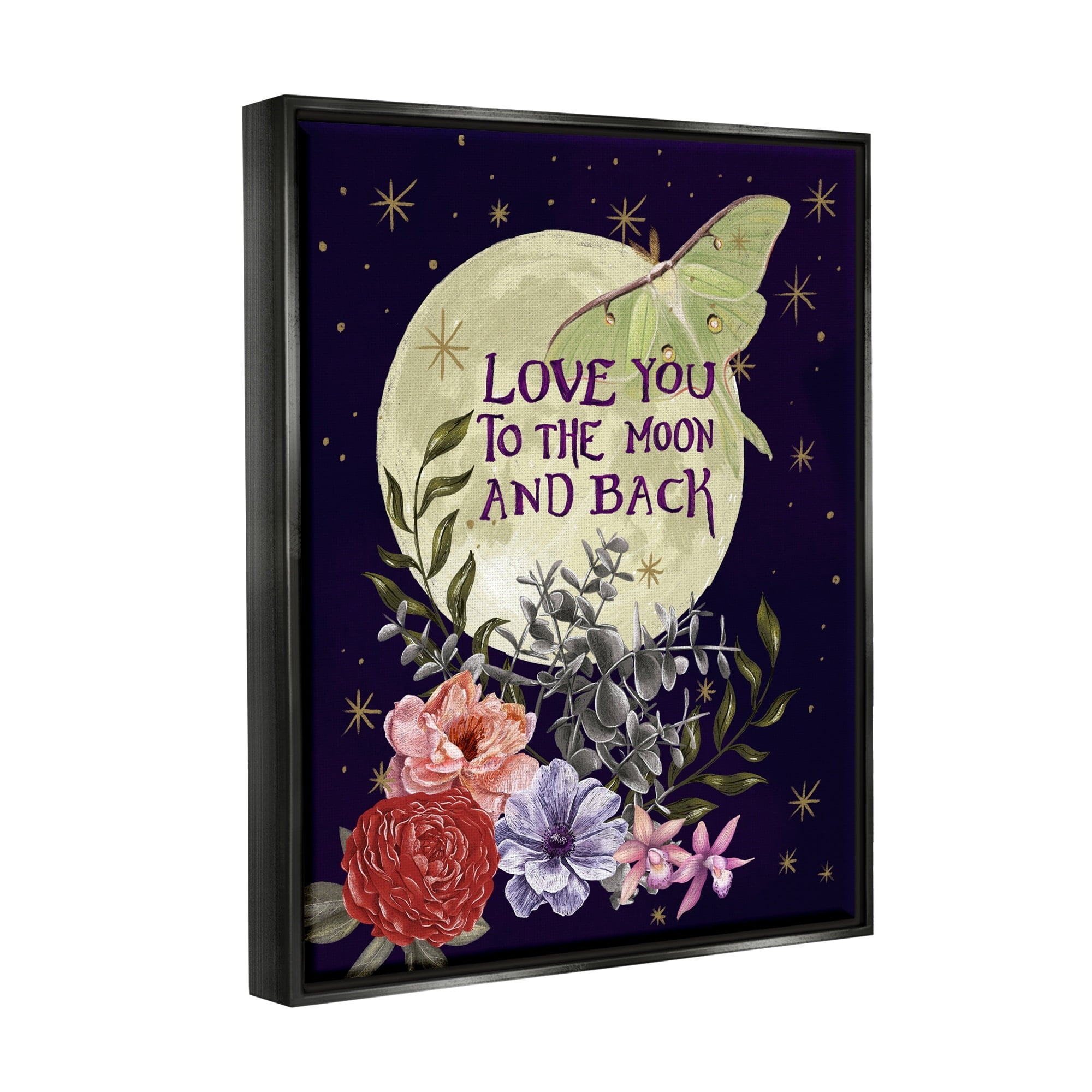 Stupell Industries Love You Moonlit Night Sky Luna Moth Flowers Graphic Art Jet Black Floating Framed Canvas Print Wall Art, Design by Raquel Maciel