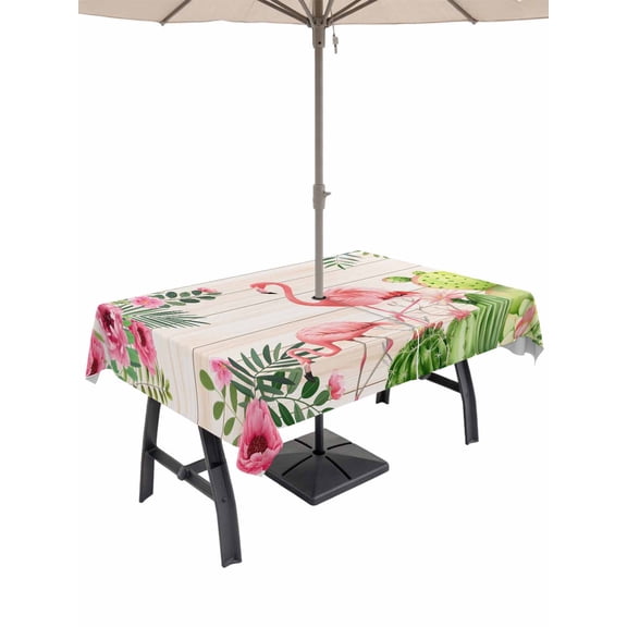 Outdoor Tablecloth with Umbrella Hole for Patio/Picnic/Party/Camping, Pink Flamingos Waterproof Table Cloth Rectangle Table Cover Washable, Summer Tropical Flowers Cactus Wooden (60"x 102")