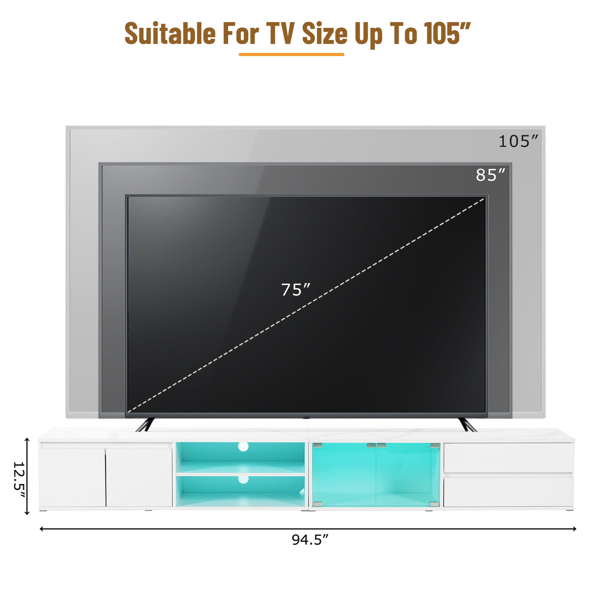 EUROCO 94.5" TV Stand Up to 100/105 inch TV,Modern APP LED TV Stand for Living Room,High Gloss Entertainment Center with Faux Marble Tabletop ,Tempered Glass Doors, 2 Drawers & Cabinets,TV Console