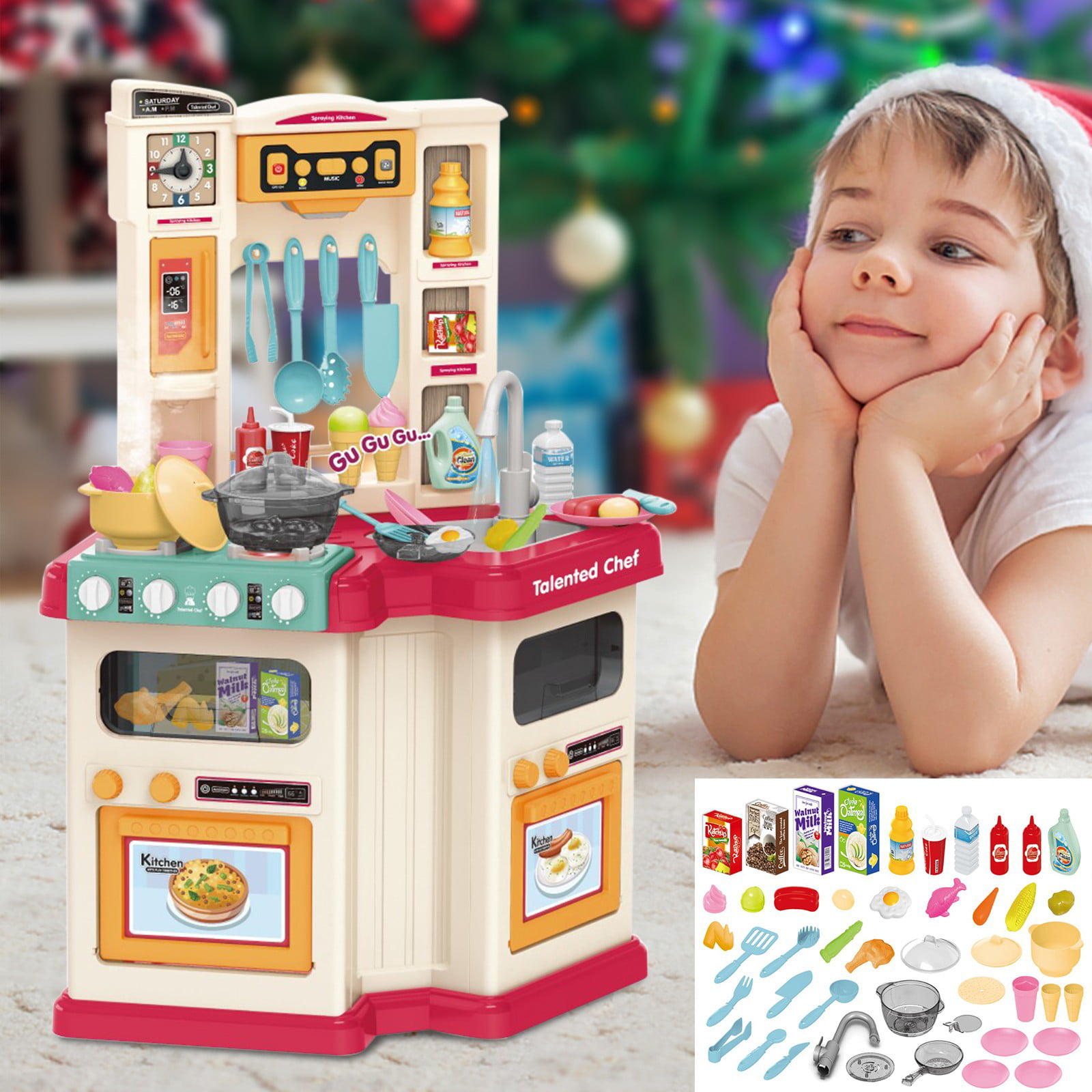 NEW Role Play Kids Kitchen Playset With Real Cooking Water Boiling Sounds Girls 