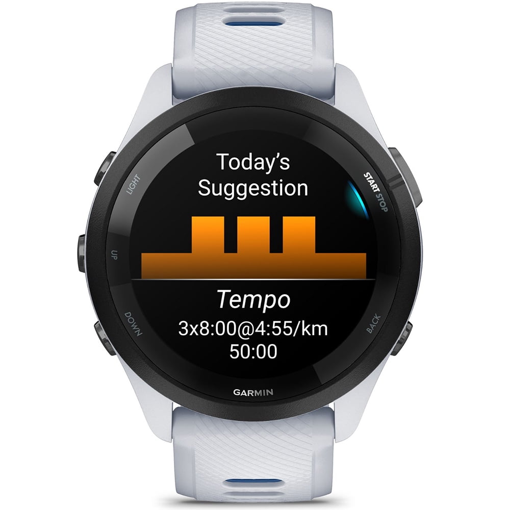 Garmin 010-02810-01 Forerunner 265 GPS Smartwatch Whitestone/Tidal Blue Bundle with Garmin Heart Rate Monitor Accurate Heart Rate & HRV Data Strap M-XL and Deco Essentials Collapsable Water Bottle