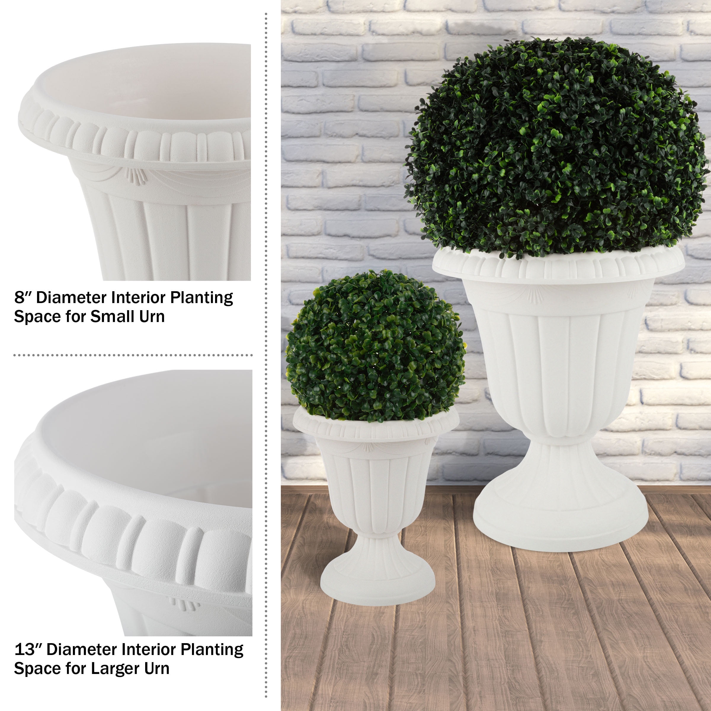 Pure Garden Large and Small Outdoor Urn Planter 2-Pack, White