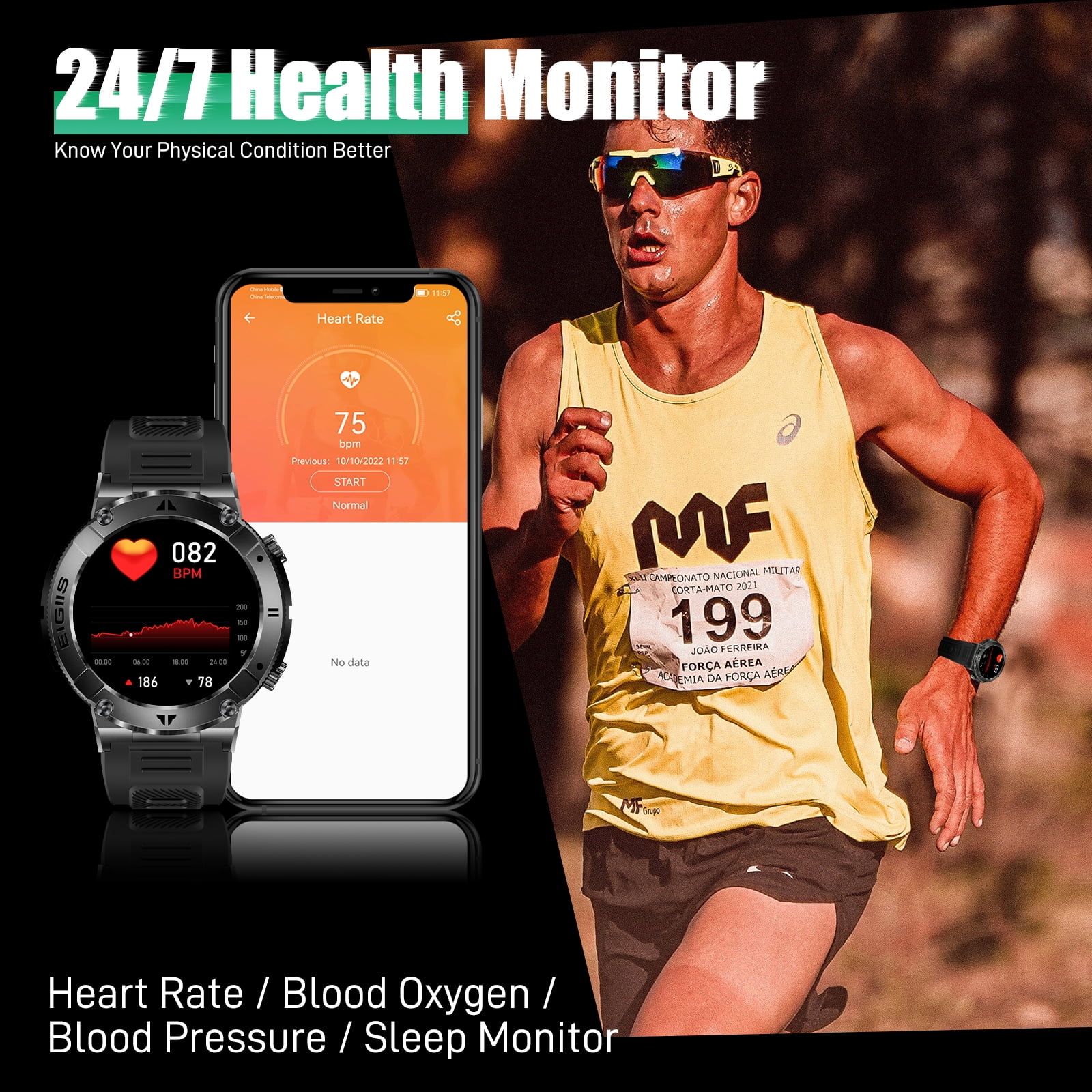 EIGIIS Military Smart Watch for Men 1.32" Outdoor Tactical Sports Smartwatch Multi strap combination Compatible iPhone Samsung