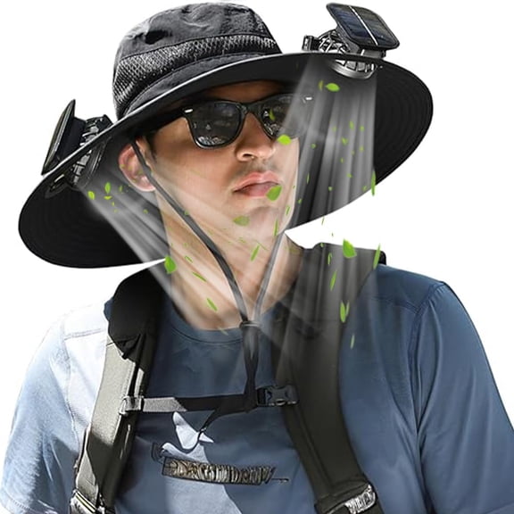 Solar Fan Hat, Wide Brim Outdoor Fishing Hat, 2 Fans with UPF 50 Sun Protection, 3-Speed Adjustable Rechargeable for Men Women Camping Travel Outdoor