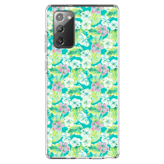 DistinctInk Clear Shockproof Hybrid Case for Samsung Galaxy Note 20 (6.7" Screen) - TPU Bumper, Acrylic Back, Tempered Glass Screen Protector - Preppy Pattern - Green Pink White Flowers Floral