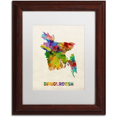 Trademark Fine Art 'Bangladesh Watercolor Map' Canvas Art by Michael Tompsett, White Matte, Wood Frame
