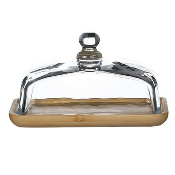 de Mantequilla de Bambú con Tapa de Vidrio - Bandeja de Mantequilla Transparente para Refrigerador y Mostrador para Mantequilla, Bloque de Queso Crema y Servir
