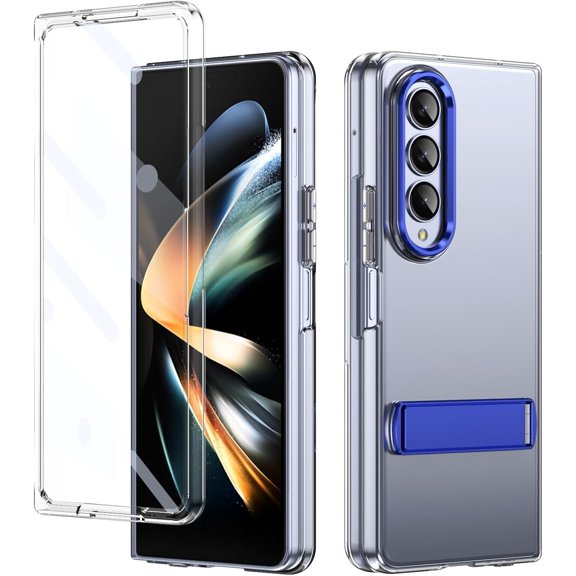 Clear for Samsung Galaxy Z Fold 3 Case with Kickstand, Built-in Screen Protector [Horizontal & Vertical Stand] Crystal Clear Slim Fit Anti-Yellow Scratch Resistant Shockproof Case, Blue