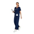 thumbnail image 4 of cimmuovere 2pcs Solid Color V-Neck Short Sleeve Top And Slit Pants Lab Coat Nurse Uniform Scrub Set Service Uniform Scrub Set For Pet Clinics, Private Care And Hospital, With Pockets, 4 of 5