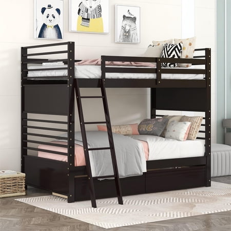 CoSoTower Twin Over Twin Wood Bunk Bed With Two Drawers - Espresso·