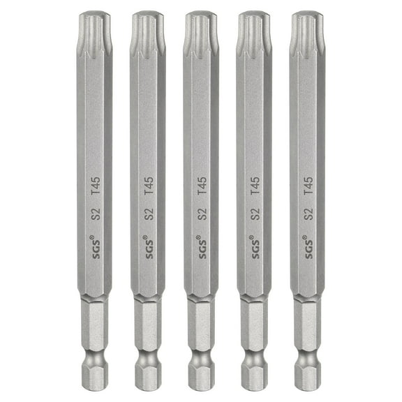 Uxcell 5pcs T45 Torx Head Screwdriver Bit 1/4" Hex Shank 4" (100mm) Long Magnetic No Hole Tip 6 Point Star Screw Driver