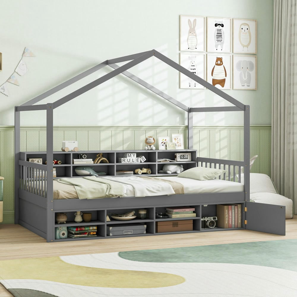 Kepooman Bed Frame, Bed Frame Mattress Foundation,Twin Size House Bed with Roof with 14 Storage Cubes and Enclosed Cabinet-Gray