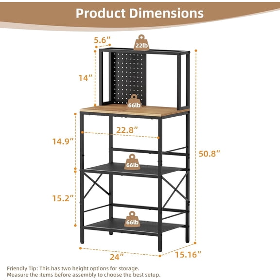 Kitchen Bakers Rack with Pegboard 4-Tier Coffee Bar Table Heavy-Duty Metal Microwave Stand Adjustable Storage Shelf for Living Room Garage Office