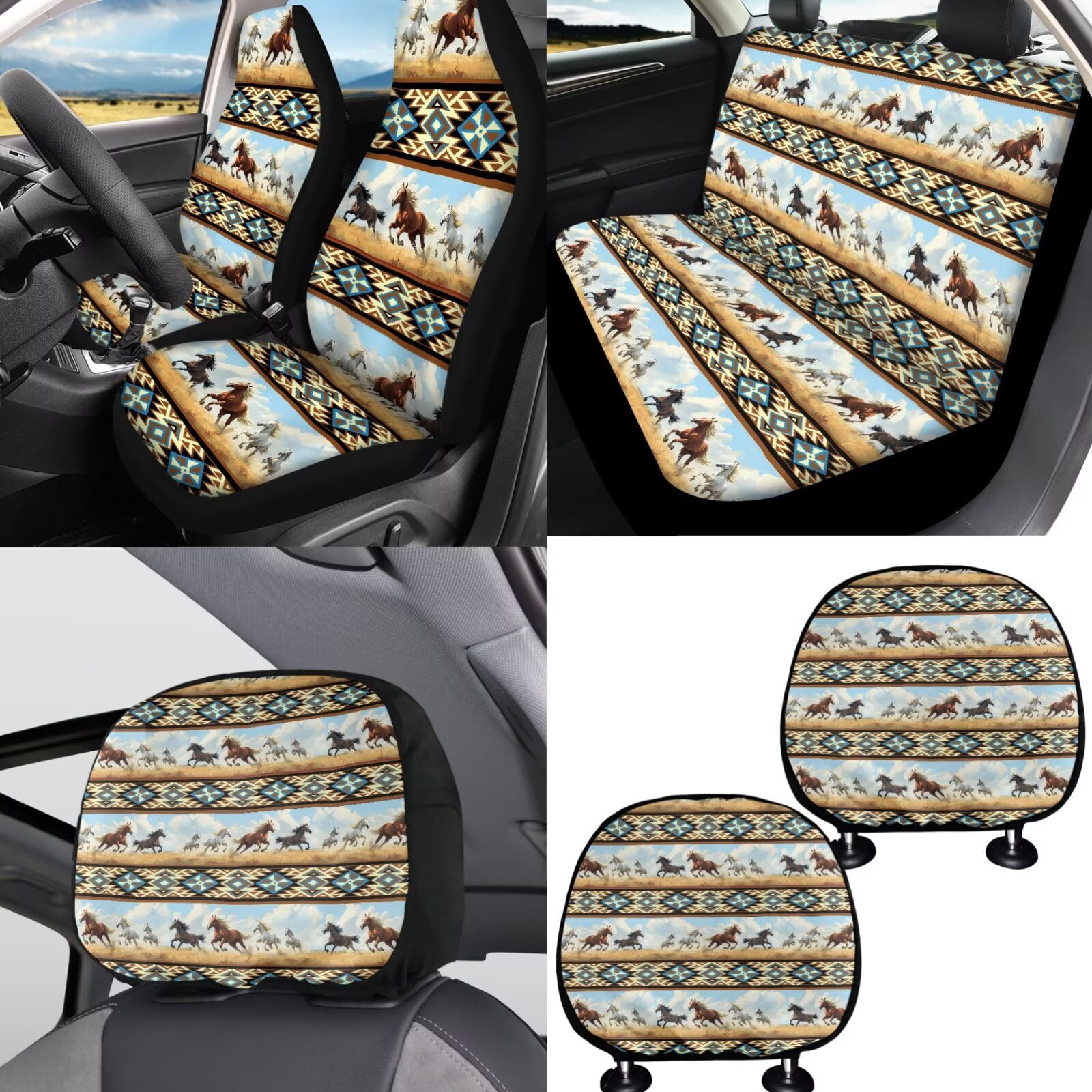 FKELYI American Tribal Horse Print 16 Pcs Car Seat Covers with Steering Wheel Cover Seatbelt Pads Headrest Protector Universal Fit Armrest Pad Handbrake Cover Gear Shift Cover Cup Coasters
