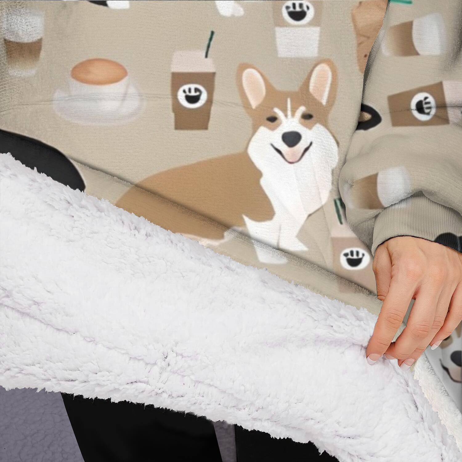 Oversized Wearable Blanket Hoodie,Cartoon Corgi and Coffee Sherpa Blanket Hoodie with Super Pockets,Super Warm Fuzzy Pullover for Women & Men