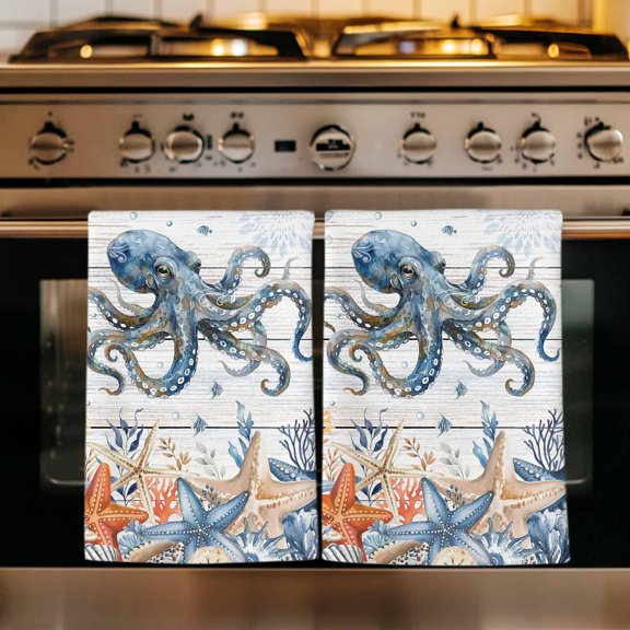 Octopus Coastal Kitchen Towels Set of 4, Summer Beach Coral Starfish Grey Wooden Absorbent Dish Towels for Kitchen, Microfiber Hand Towel, Quick Drying Tea Towel for Cleaning Decorative Dishcloths
