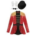 thumbnail image 3 of TiaoBug Womens Circus Ringmaster Costume Sequins Jumpsuit with Hat Bow Fake Collar and Gloves Outfits Red M, 3 of 7