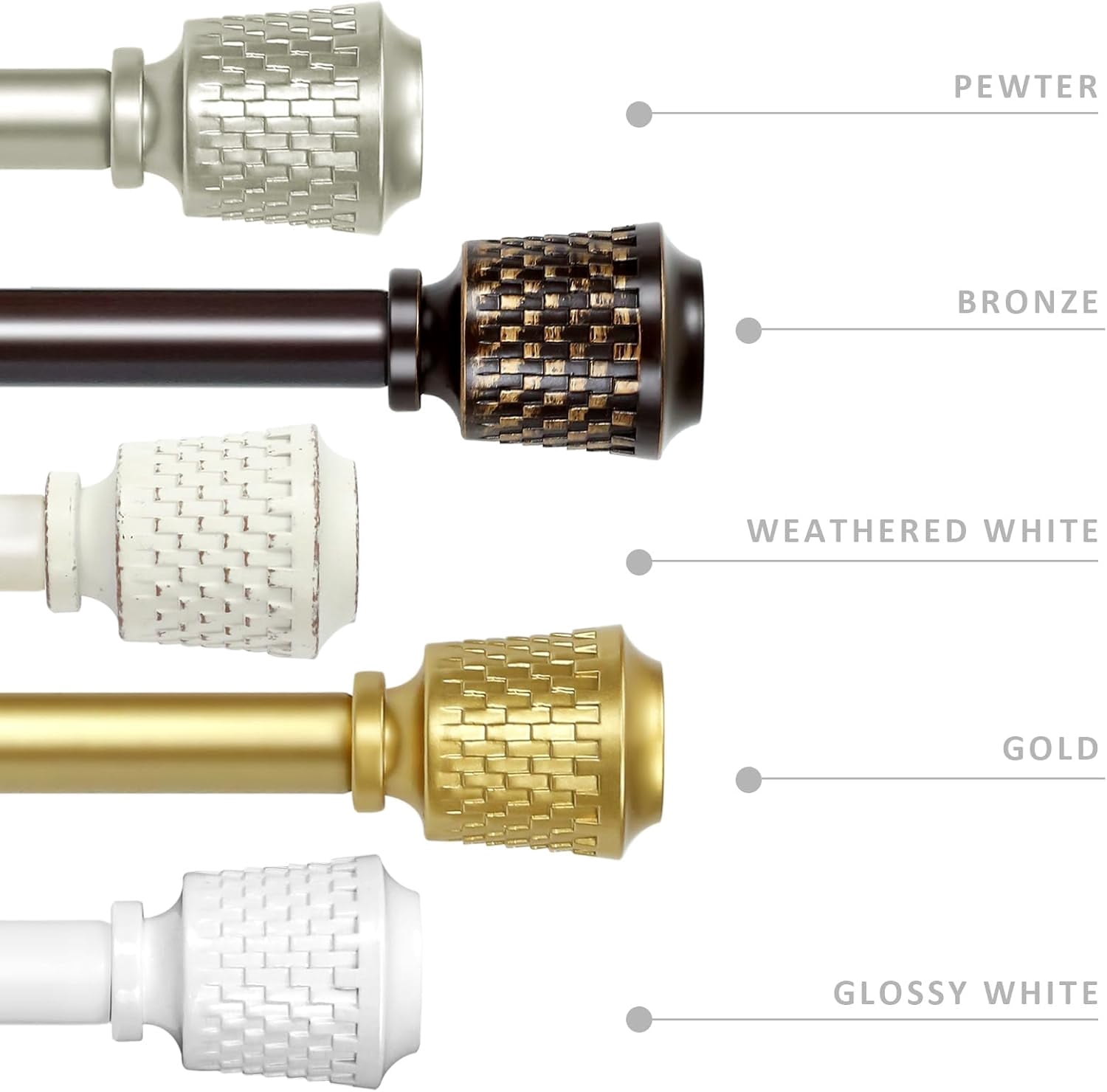 eTeckram 5/8" Single Curtain Rod with Vieve Finials,Weathered White,48‘’-84‘’
