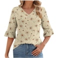 thumbnail image 2 of Ounisa Womens Tops Casual V Neck Shirts Floral Solid Blouse Ruffle Tunics 3/4 Sleeve Tshirt, 2 of 5