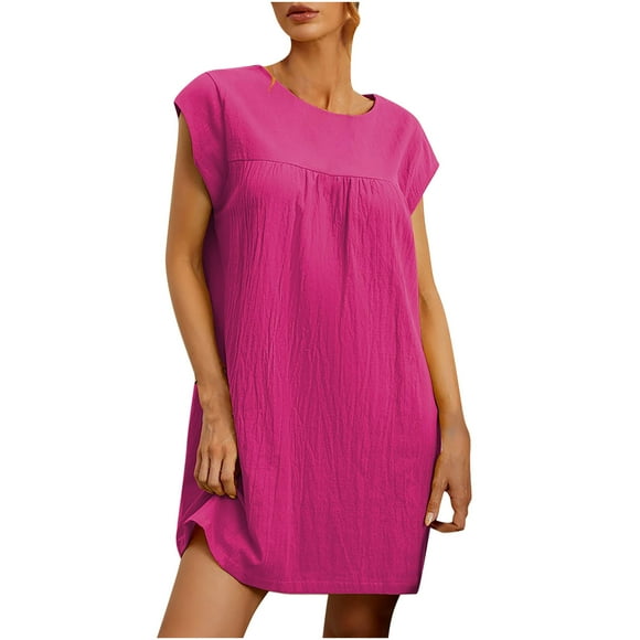 Womens Cotton Linen Sundresses 2024 Summer Cap Sleeve Solid Color Mini Dress Casual Loose Crewneck Pleated Beach Dresses