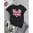 thumbnail image 3 of Comodidad diaria] Camiseta negra "Feliz Día de San Valentín" para mujer con estampado de corazón rosa. Cuello redondo informal, manga corta, mezcla de algodón elástico, lavable a máquina., 3 of 7