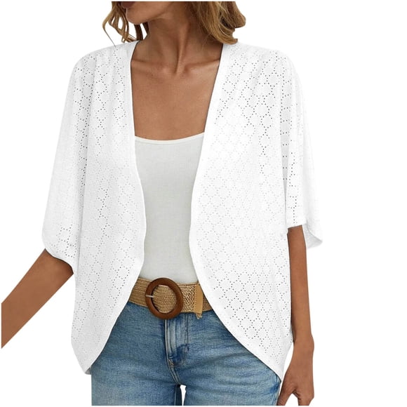 Womens Eyelet Hollow Out Cardigans Summer Half Sleeve Open Front Cardigan Lightweight Draped Ruffle Casual Tops
