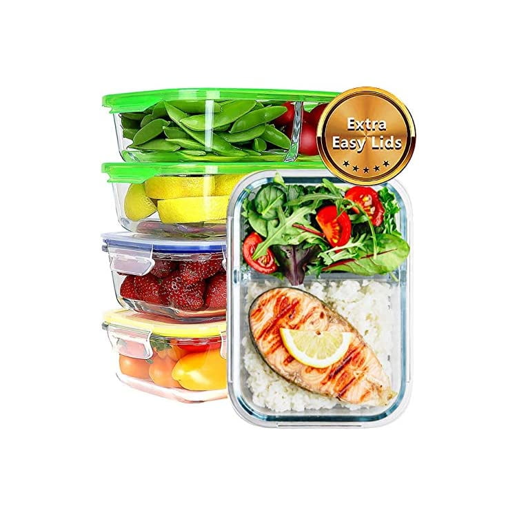 Glass Food Containers 2 Compartment Divider Meal Prep Storage Leak Proof Lid 