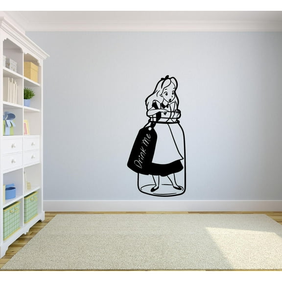Alice In Wonderland Cute Alice Silhouette In A Glass Drink Me Cute Wall Sticker Vinyl Decal Home Decor For Boys/Girls Children Bedroom Room Home Bedroom Decoration Sticker Size (15x9 inch)